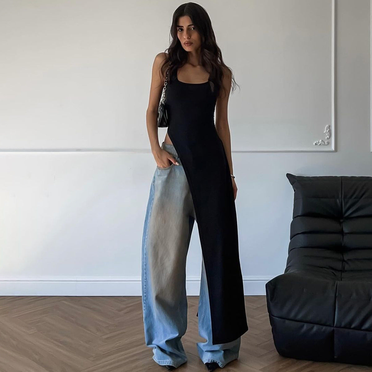 Damen Langarm Maxikleid mit hohem Schlitz R&B