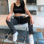 Damen Crop-Top mit glitzerndem Schriftzug und trendy Schnitt R&B