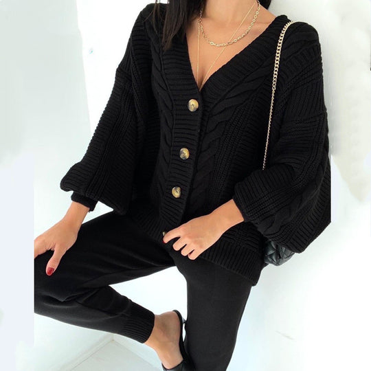Damen Grobstrickjacke mit V-Ausschnitt und Knöpfen R&B