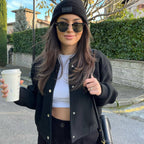 Damen nan boxy CollegR&Bomberjacke aus Wollmix mit gesteppter Innenfütterung, Druckknöpfen und Rippsaum R&B