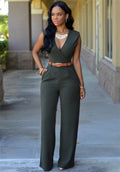 Damen Eleganter Wickel-Jumpsuit mit weitem Bein und Taillengürtel R&B