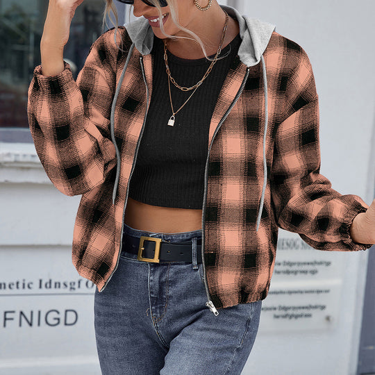 Damen lässige Baumwolljacke mit Karomuster und Kapuze R&B