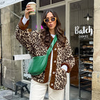 Damen Kuschelweiche Leopardmuster Jacke mit Knopfverschluss und hohem Kragen R&B