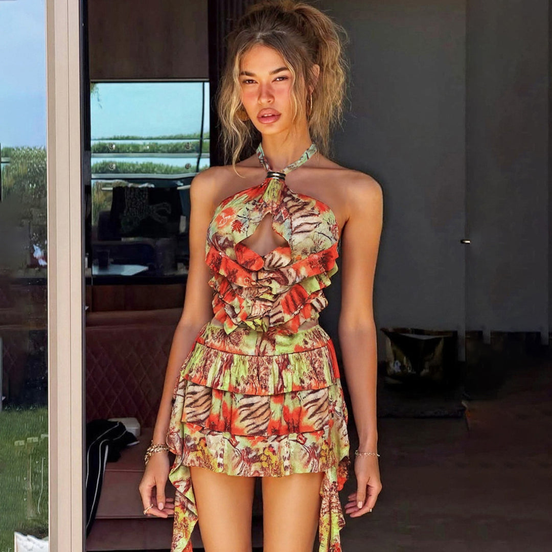 Damen Rüschenkleid mit floralen Motiven und verstellbarem Träger R&B