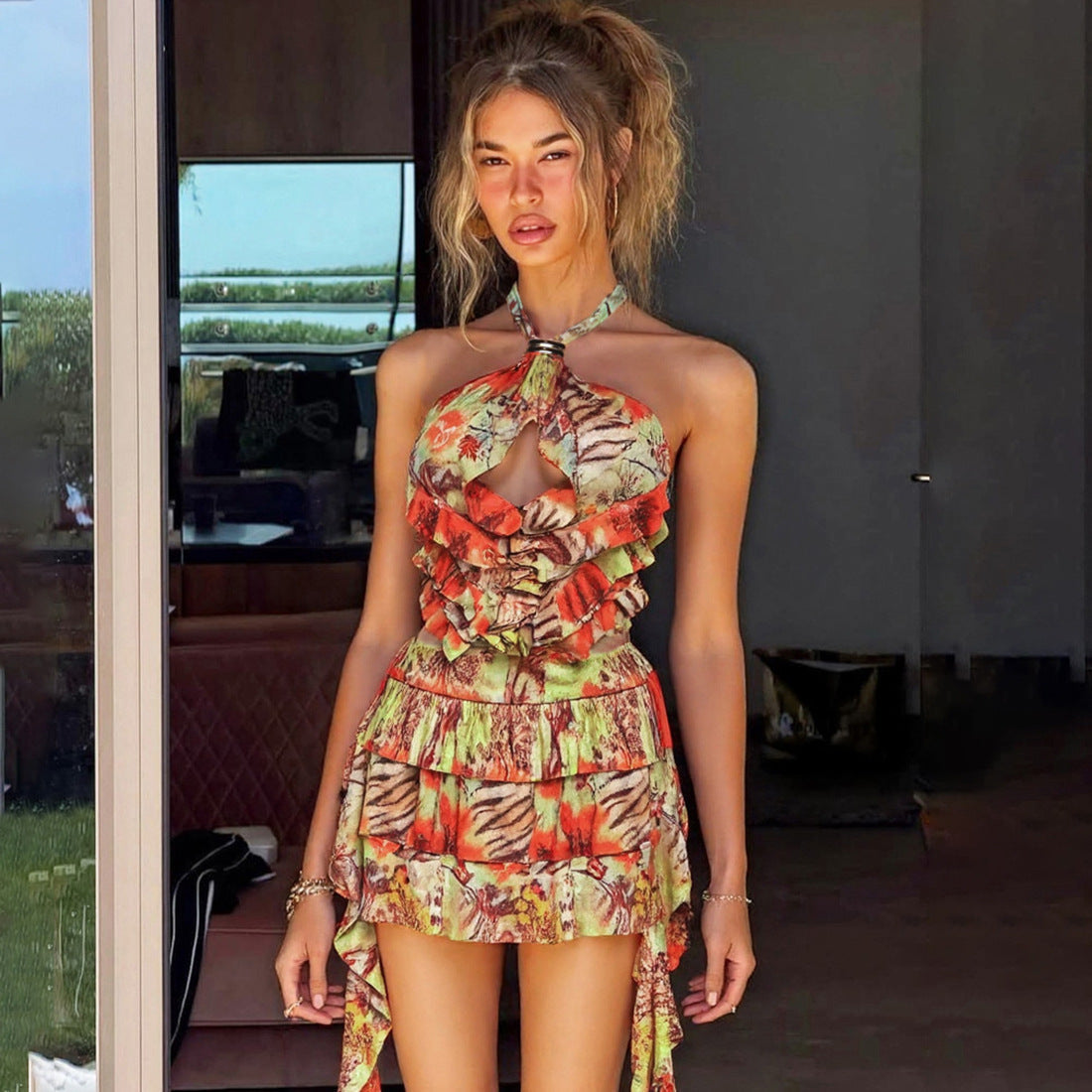 Damen Rüschenkleid mit floralen Motiven und verstellbarem Träger R&B