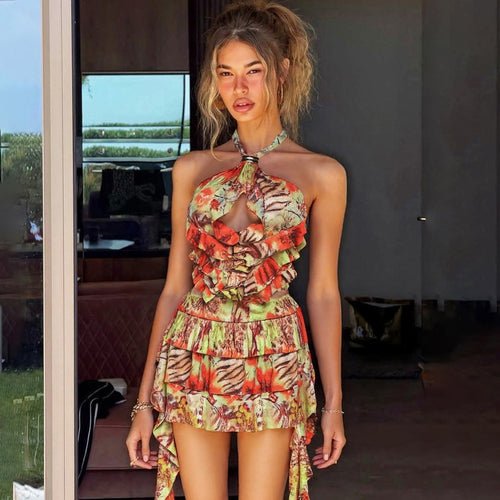 Damen Rüschenkleid mit floralen Motiven und verstellbarem Träger R&B