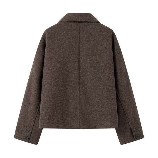 Damen modische kurze Wolljacke im Oversized-Stil mit Knopfverschluss R&B
