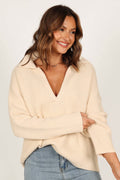 Damen lässiger Strickpullover mit modernem V-Ausschnitt und weit geschnittenen Ärmeln R&B
