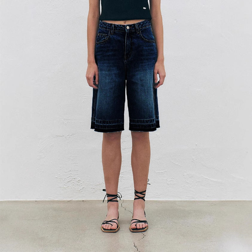 Damen Hoch taillierte Denim-Shorts mit weitem Bein und modischer Struktur R&B