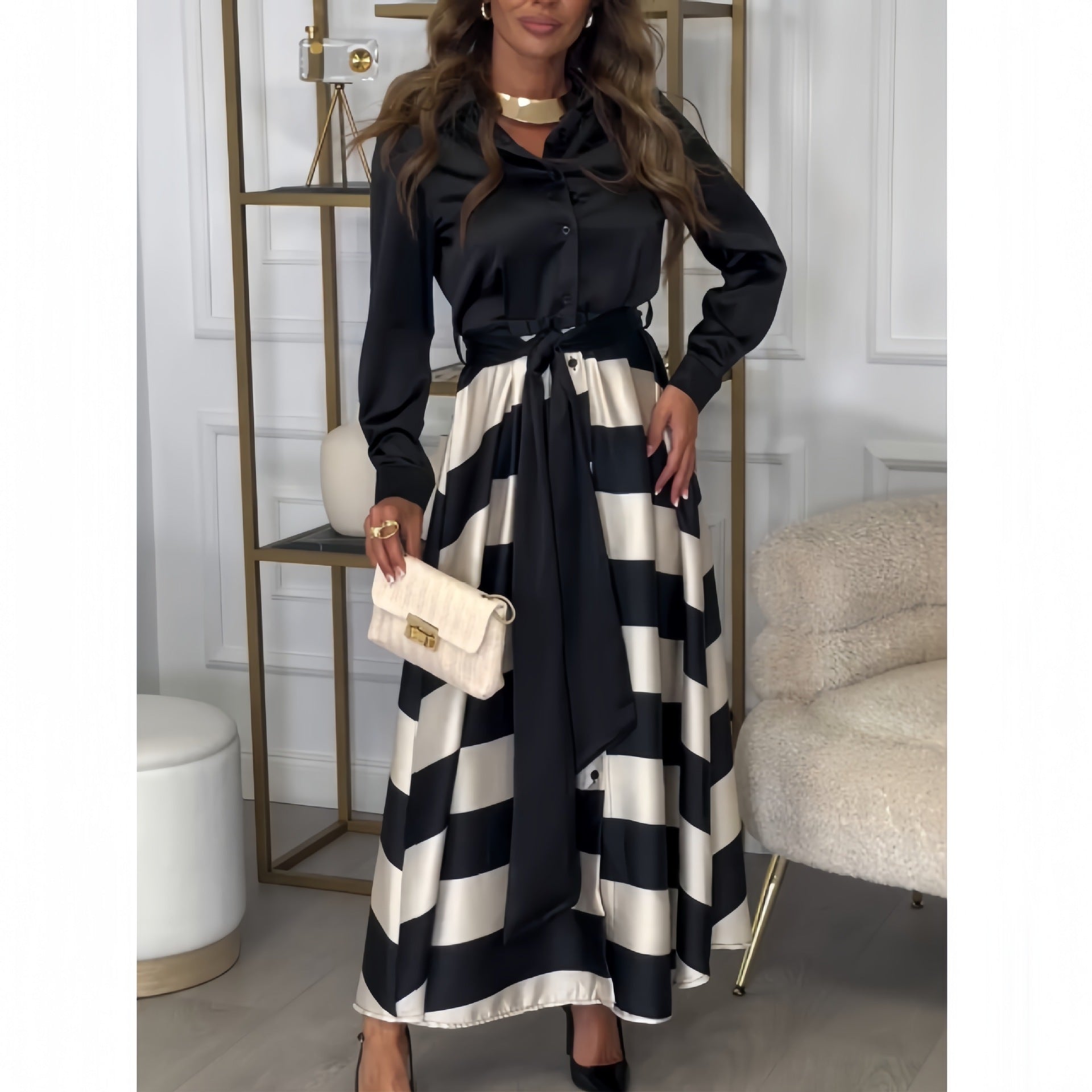 Damen Elegantes Blusenrock-Ensemble mit seitlichem Bindegürtel R&B