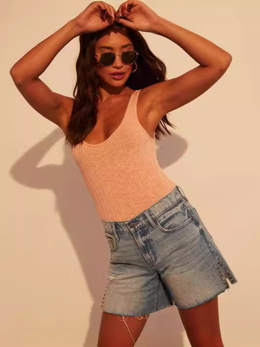 Damen Freizeit Jeans-Shorts mit modischen Nieten und angesagtem Fransen-Saum R&B