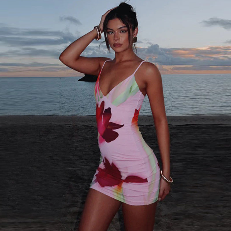 Damen Figurbetontes Minikleid mit Blumenprint und tiefem V-Ausschnitt R&B