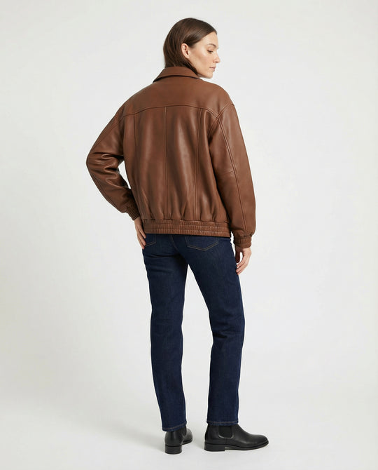 Damen grainierte Nappa-Optik Blousonjacke mit Hemdkragen elastischem Saum und verdeckter Druckknopfleiste R&B