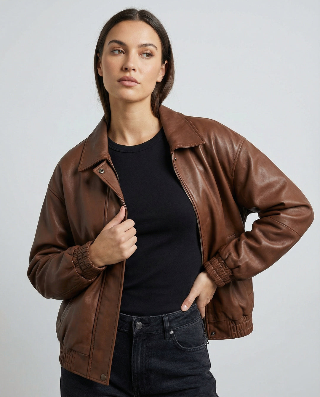 Damen grainierte Nappa-Optik Blousonjacke mit Hemdkragen elastischem Saum und verdeckter Druckknopfleiste R&B
