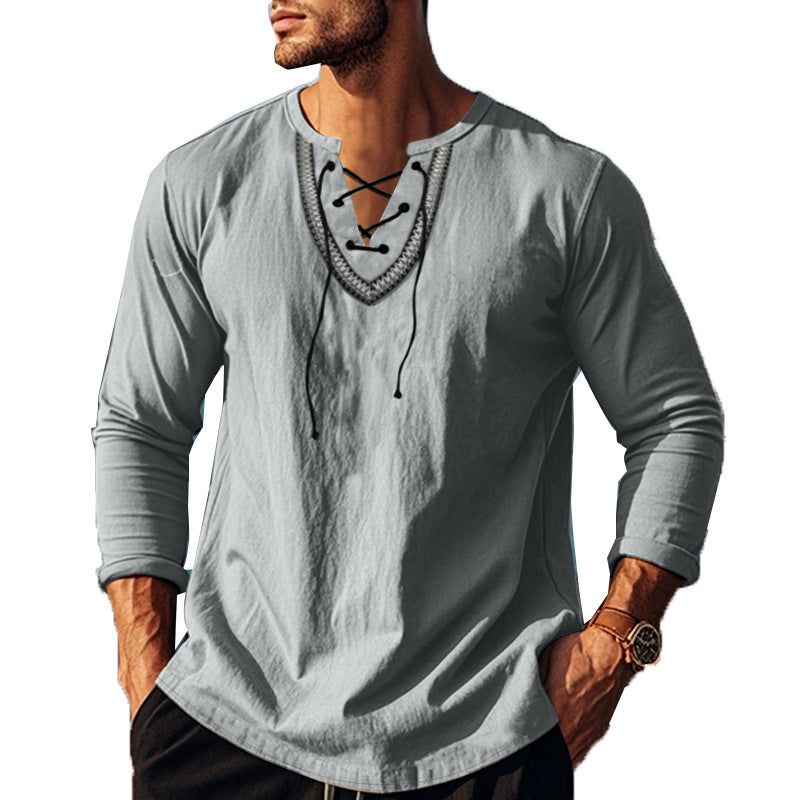 Herren Langarm-Henley-Shirt mit dekorativer Schnürung und lässigem Schnitt R&B