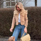 Damen elegante Blazerjacke im klassischen Tweed-Stil mit Knopfdetails R&B