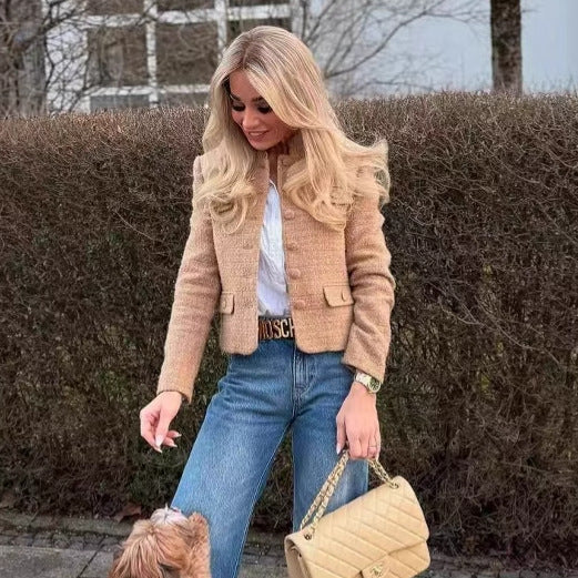 Damen elegante Blazerjacke im klassischen Tweed-Stil mit Knopfdetails R&B