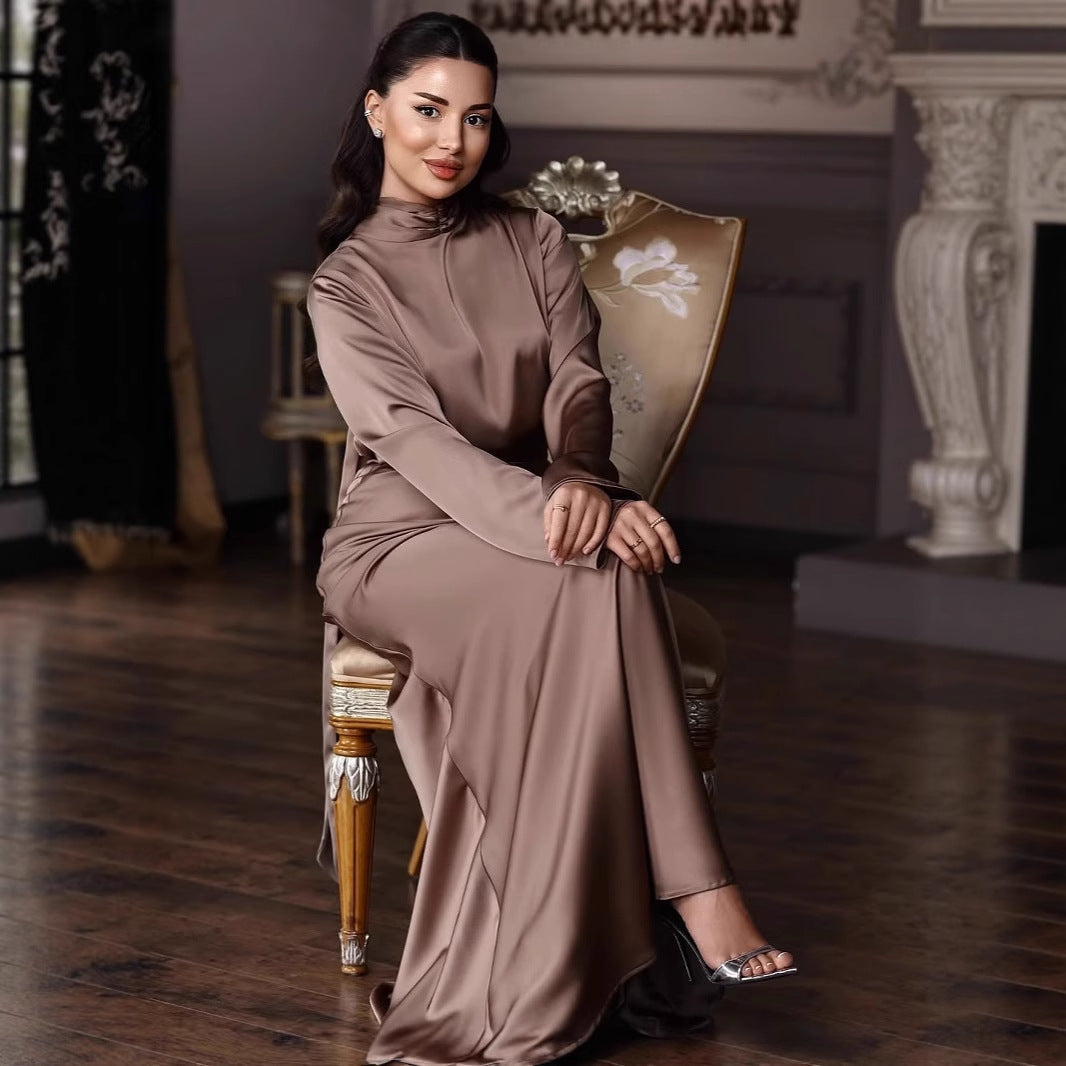 Damen Elegantes bodenlanges Kleid mit hochgeschlossenem Kragen und fließendem Schnitt R&B