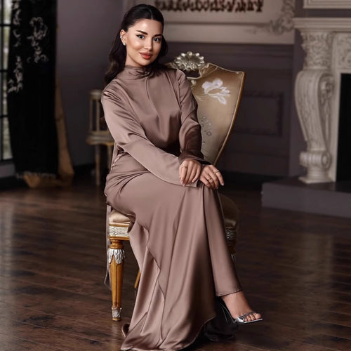 Damen Elegantes bodenlanges Kleid mit hochgeschlossenem Kragen und fließendem Schnitt R&B