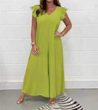 Damen luftiger Jumpsuit mit weit geschnittenem Bein und V-Ausschnitt R&B