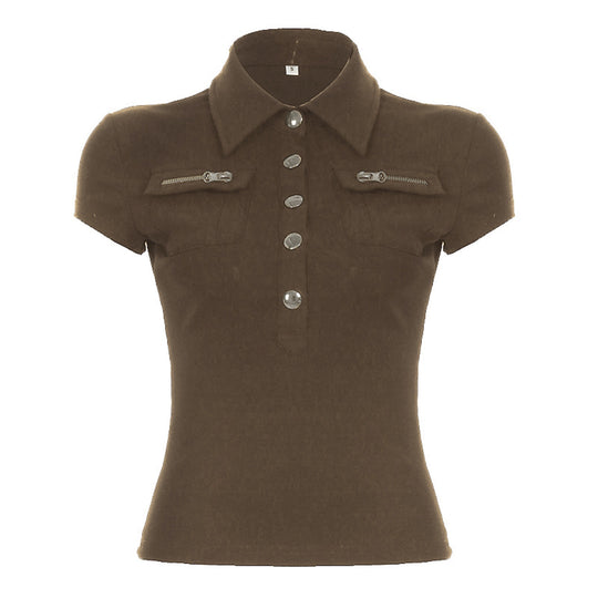 Damen Poloshirt mit stylischen Taschen und eleganten Druckknöpfen R&B