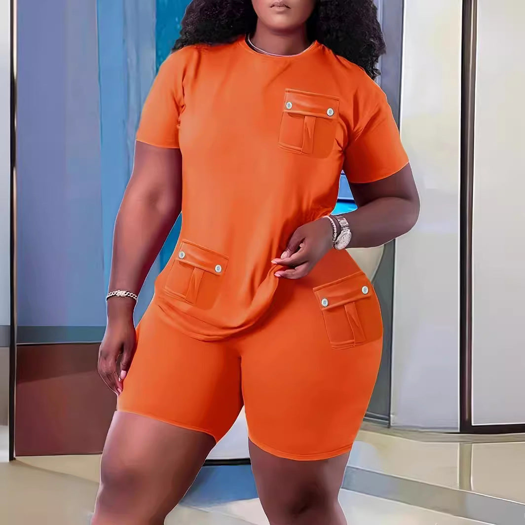 Damen Sportliches Kurzarm-Set mit praktischen Taschen R&B