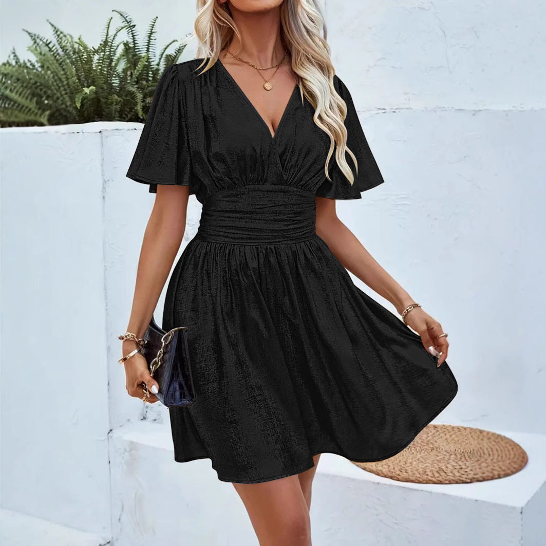 Damen Minikleid mit elegantem V-Ausschnitt und fließenden Ärmeln