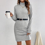 Damen Elegantes gestricktes Minikleid mit hohem Kragen R&B