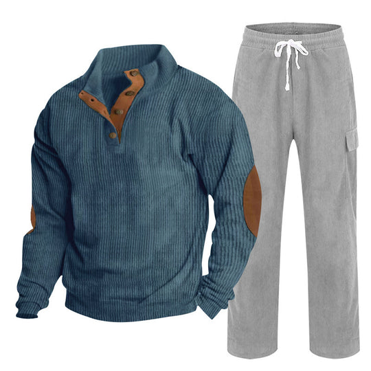 Herren nan strukturiertes Feinstrick-Halbknopf-Pullover und Feincord-Cargo-Zweiteiler R&B