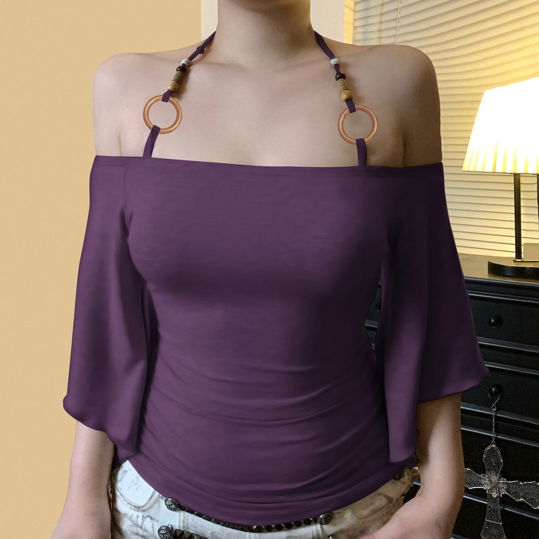 Damen Off-Shoulder Oberteil mit voluminösen Ärmeln und dekorativen Bindedetails R&B