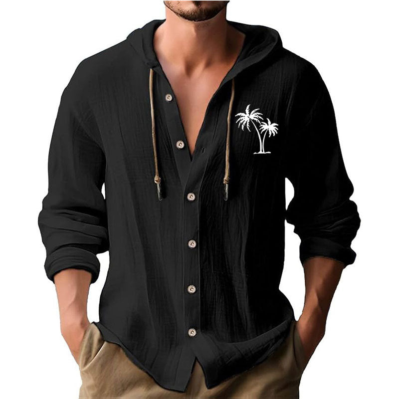 Herren lässiges Kapuzenshirt mit dekorativem Palmendruck und Knopfleiste R&B
