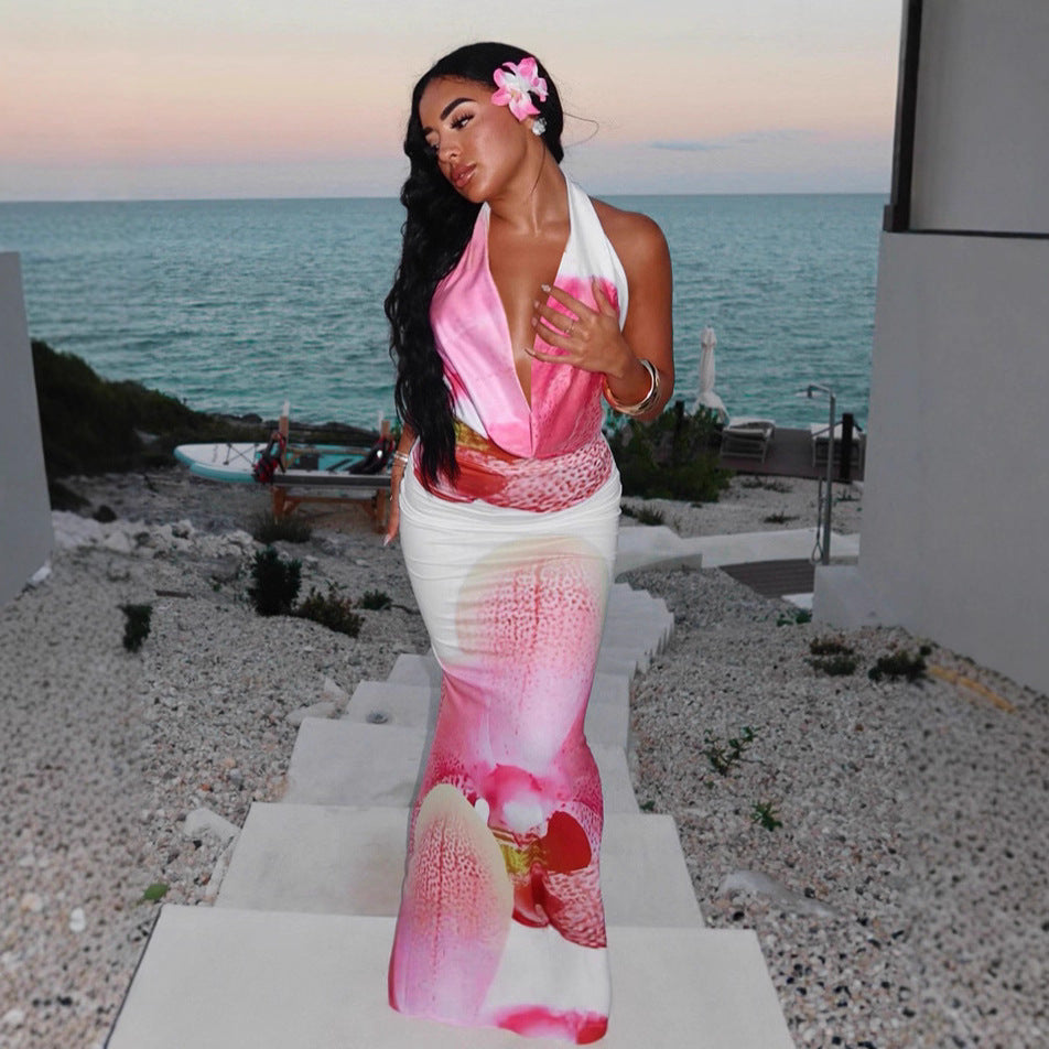 Damen Maxikleid mit verführerischem V-Ausschnitt und floralen Akzenten R&B