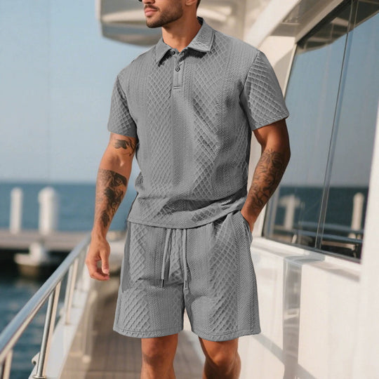 Herren nan strukturiertes Poloshirt- und Bermudashorts-Set aus gesteppter Baumwollmischung R&B