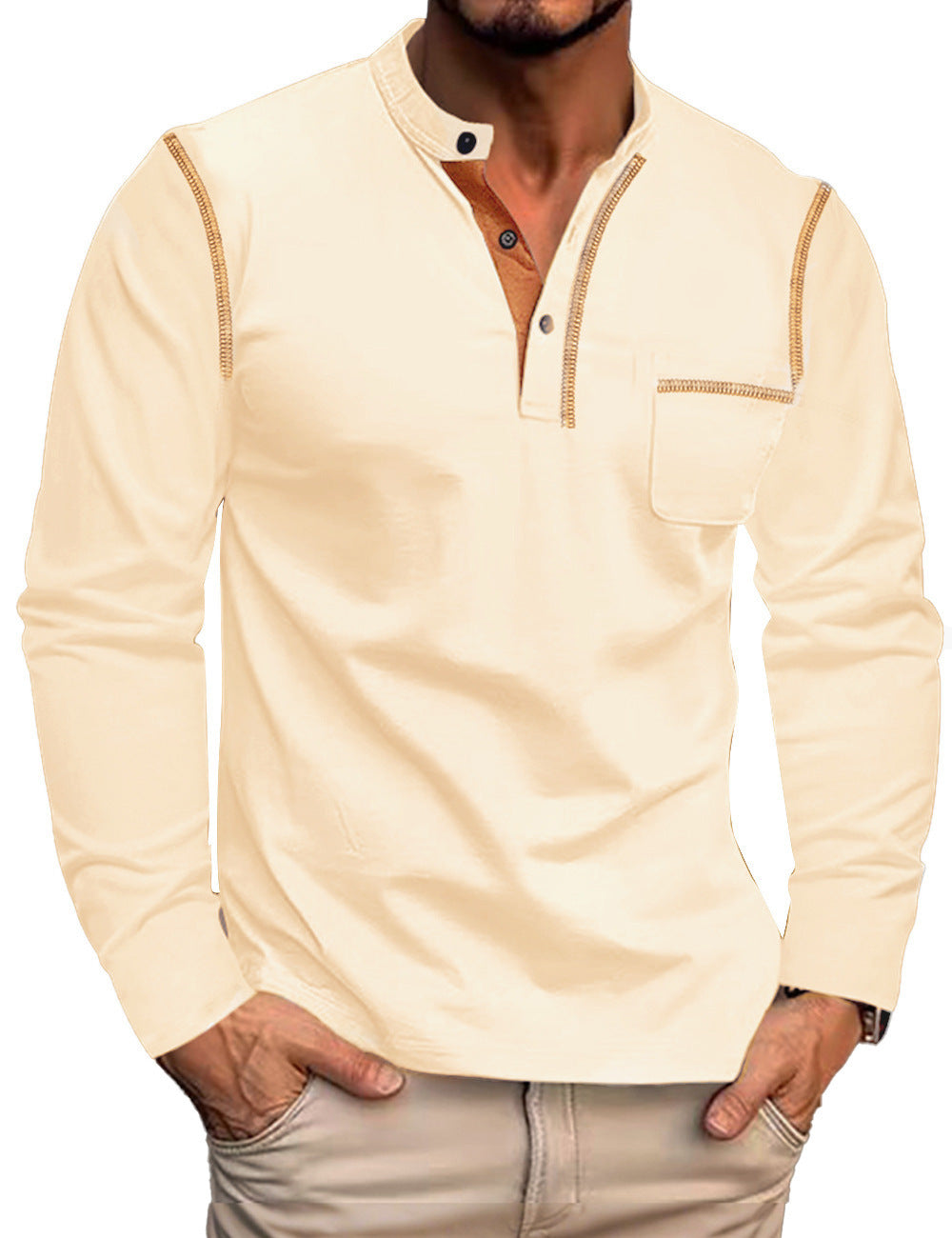 Herren nan langärmliges Jerseyshirt mit Mandarinkragen, kurzer Knopfleiste, Brusttasche und kontrastierender Ziernaht R&B