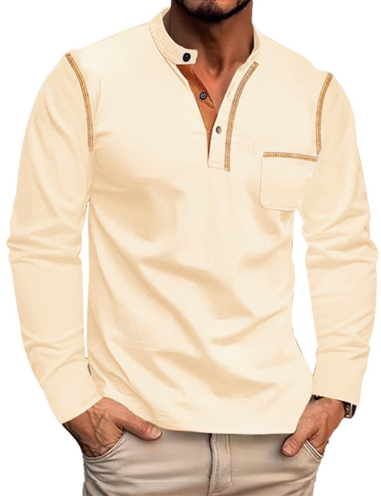Herren nan Langarmshirt mit kurzer Knopfleiste Brusttasche und kontrastierenden Ziernähten R&B