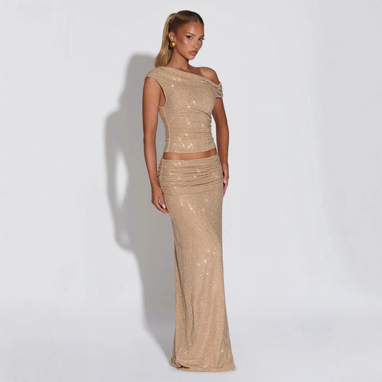 Damen Glänzendes Oberteil mit asymmetrischem Schnitt und glamourösen Strassdetails R&B