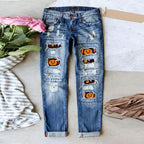 Damen Destroyed Jeans mit einzigartigen Halloween-Designs R&B