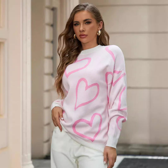 Damen Strickpullover mit Herzmotiv und Lässiger Passform R&B