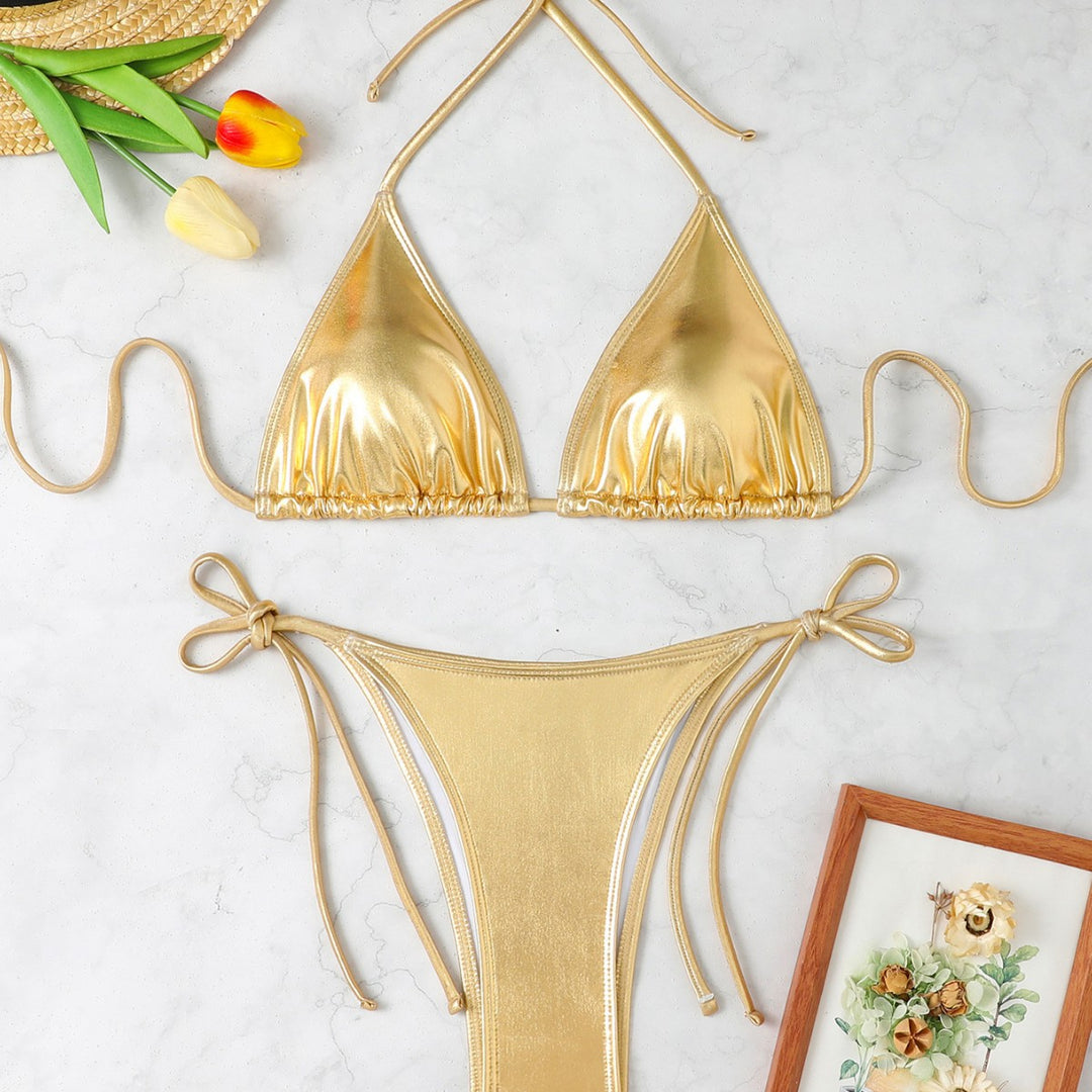 Damen Triangel-Bikini mit eleganter Metallic-Oberfläche und verstellbaren Bindebändern R&B