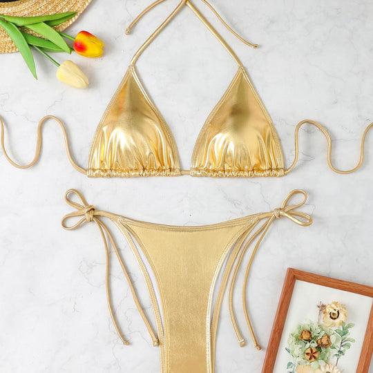 Damen Triangel-Bikini mit eleganter Metallic-Oberfläche und verstellbaren Bindebändern R&B