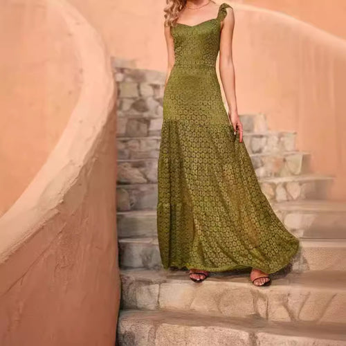 Damen Maxikleid mit exquisite Häkelstruktur und fließendem Rock R&B