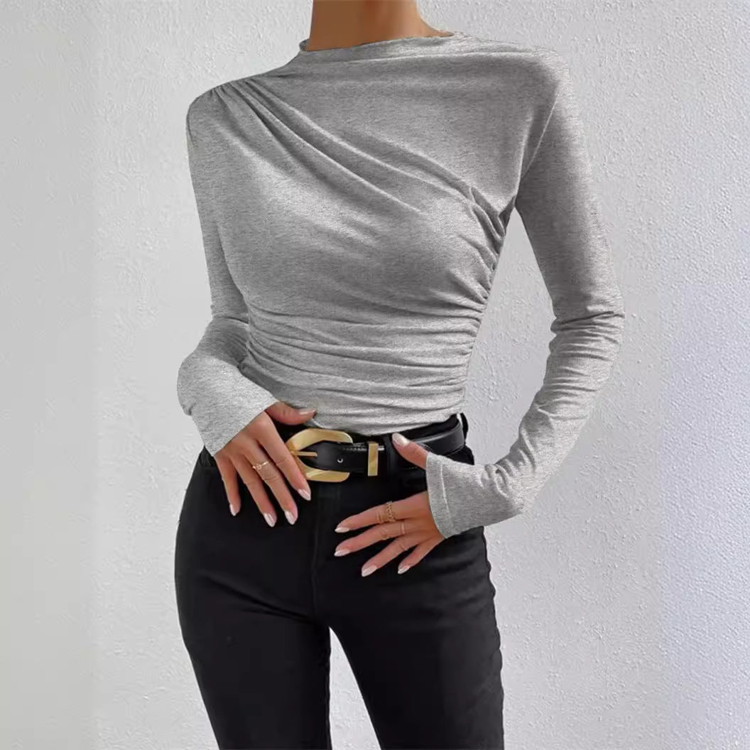 Damen nan figurbetontes Langarmshirt mit asymmetrischer Raffung am Vorderteil und U-Boot-Ausschnitt R&B