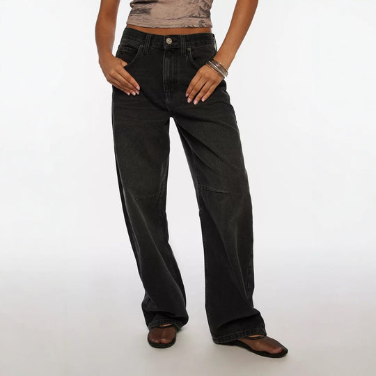 Damen lässige weite Jeans mit hoch geschnittenem Bund und seitlichen Taschen R&B