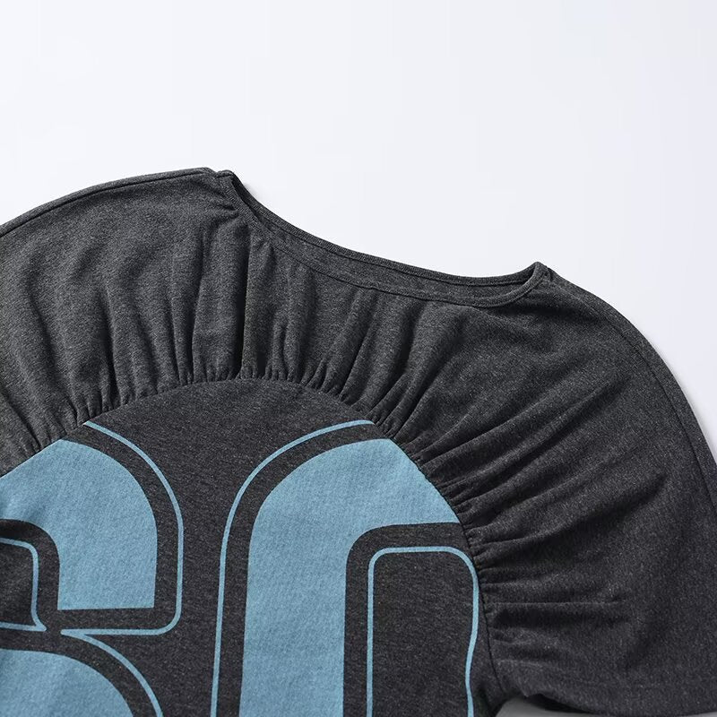 Damen lässiges Kurzarm-T-Shirt mit Raffung und grafischem Druck R&B