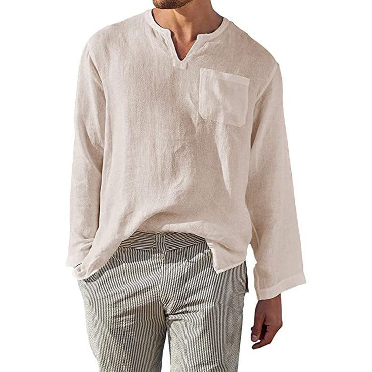Herren Leinen Langarmshirt mit Henley-Ausschnitt und Brusttasche R&B