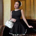 Damen Elegantes Plissiertes Mini-Kleid mit Spitzenrand R&B