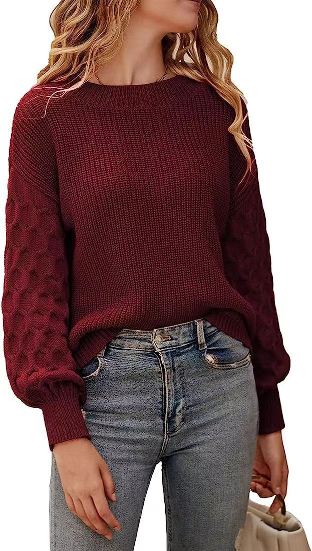 Damen modischer Strickpullover mit strukturierten Ärmeln und Rundhalsausschnitt R&B