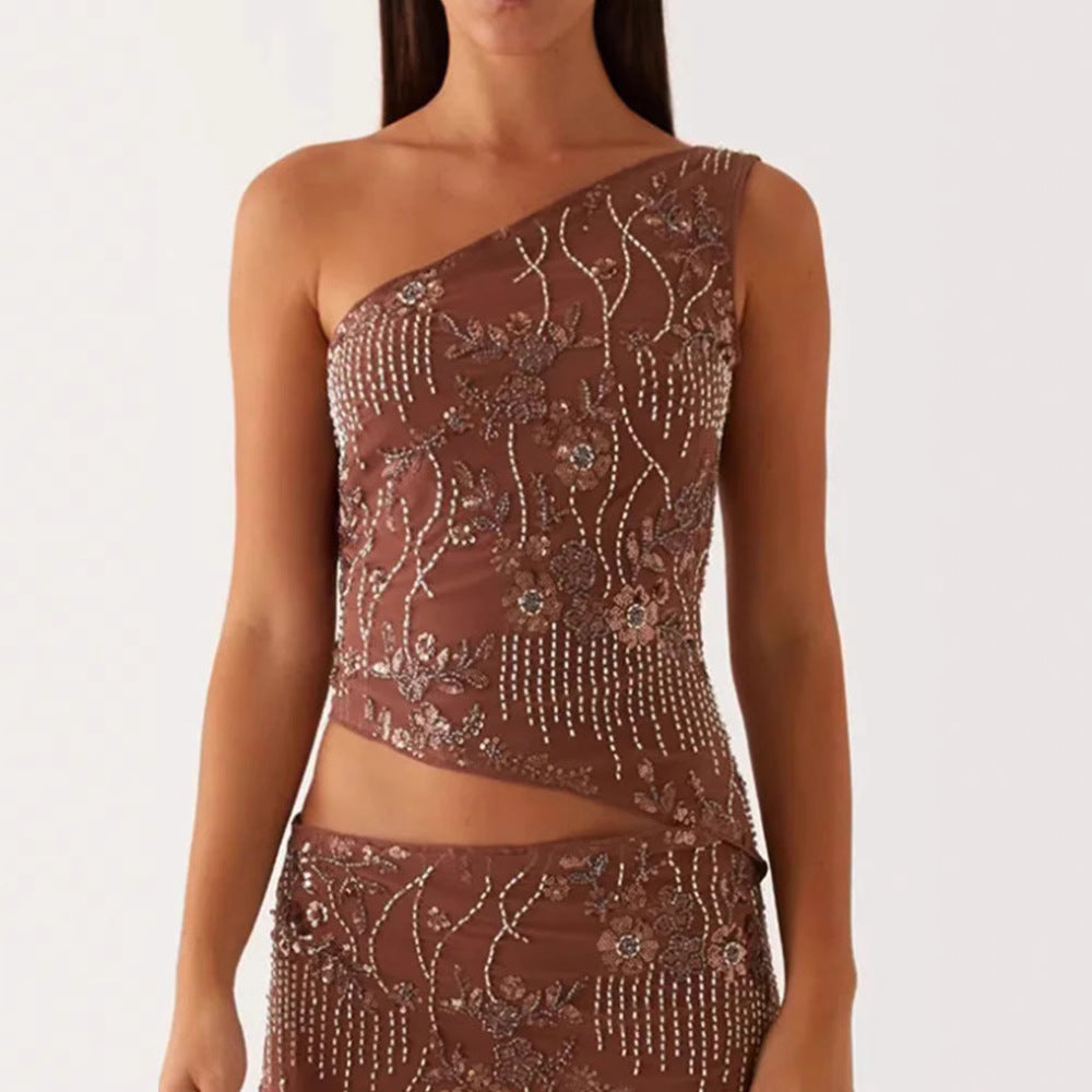 Damen asymmetrisches Oberteil mit floralem Strassdesign R&B
