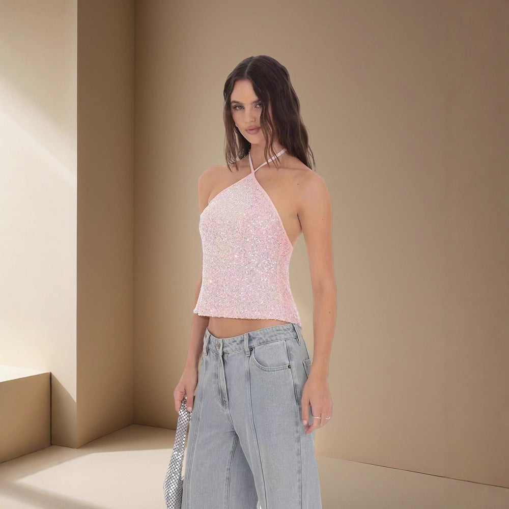 Damen Funkelndes Neckholder Top mit schimmernden Pailletten R&B