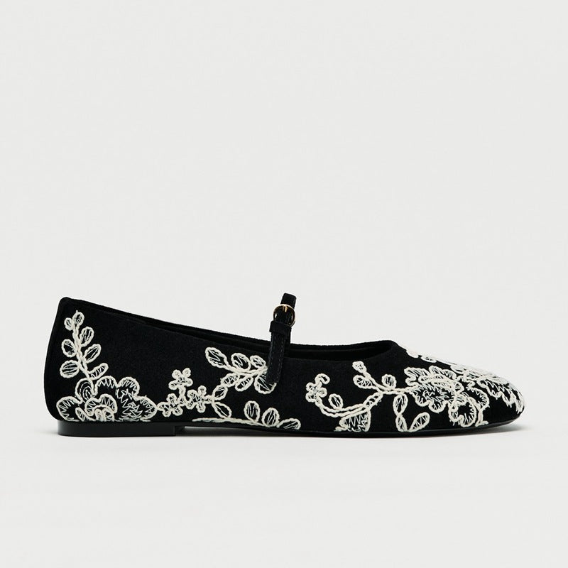 Damen Ballerinas mit verstellbarem Riemendesign und aufwendiger Blumenstickerei R&B